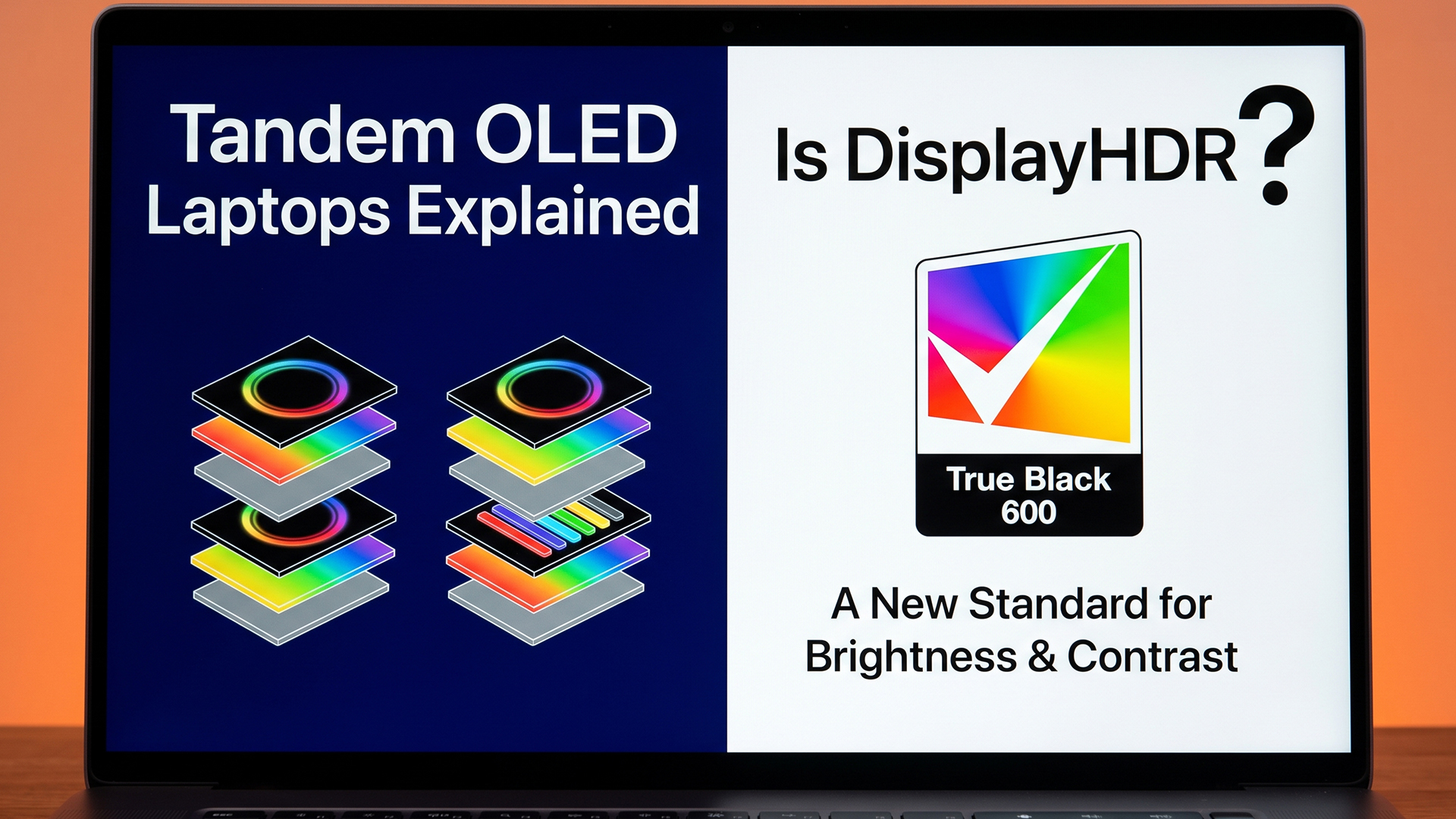 Diagram explaining Tandem OLED laptop layers and DisplayHDR True Black.