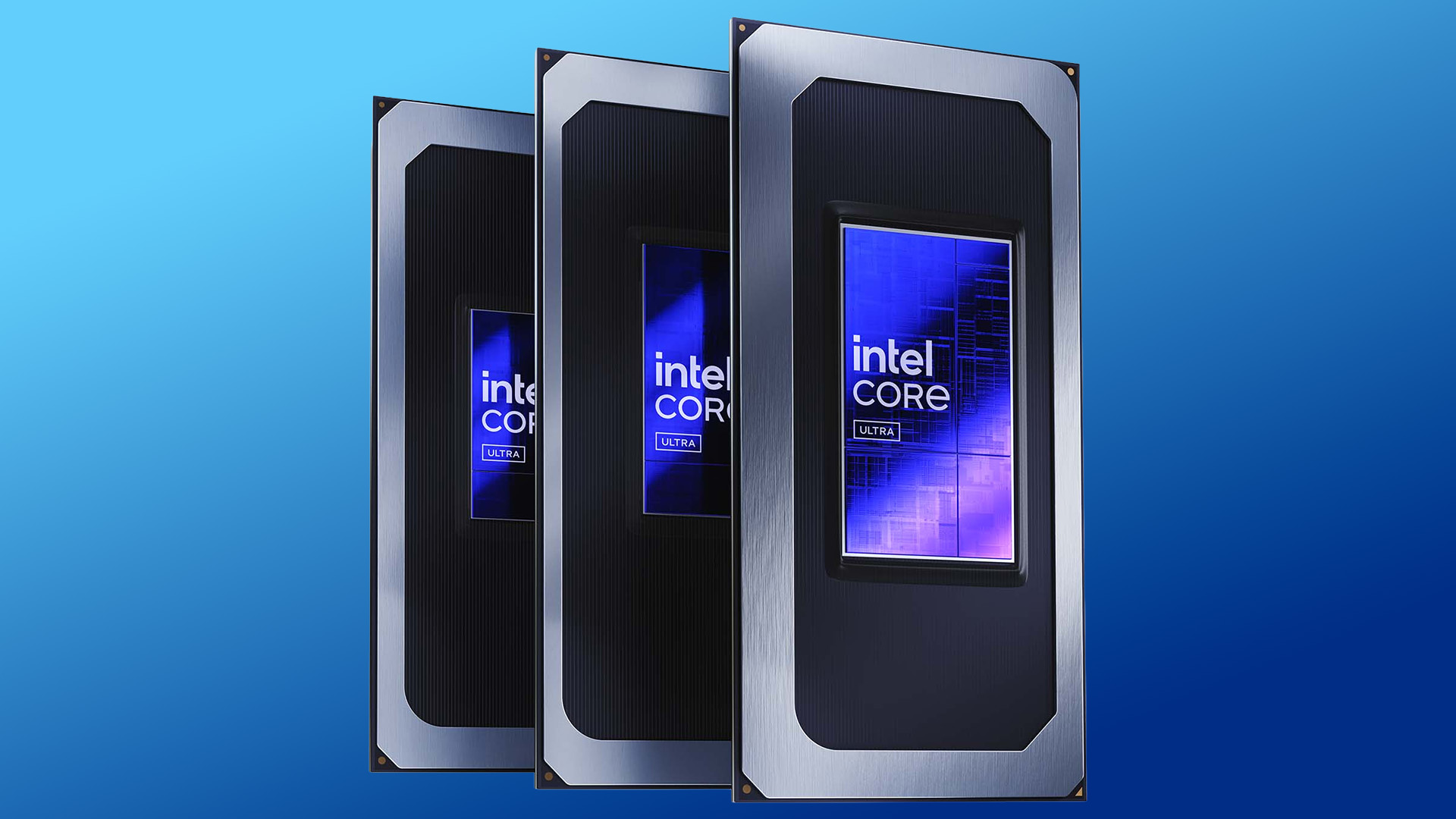Three Intel Core Ultra processors lined up side-by-side against a blue background.