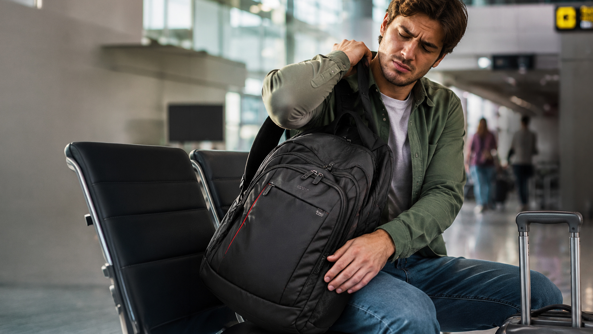 A tired traveler sitting in an airport terminal struggling with a heavy backpack.