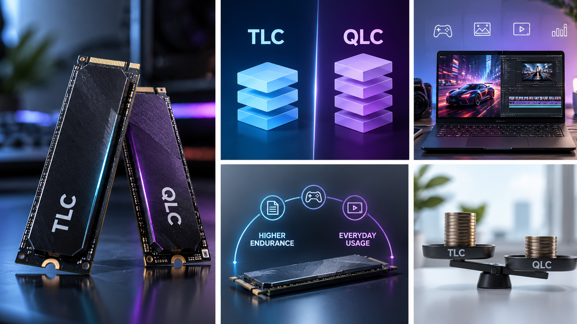 A multi-panel graphic comparing TLC and QLC SSD endurance, usage, and pricing.