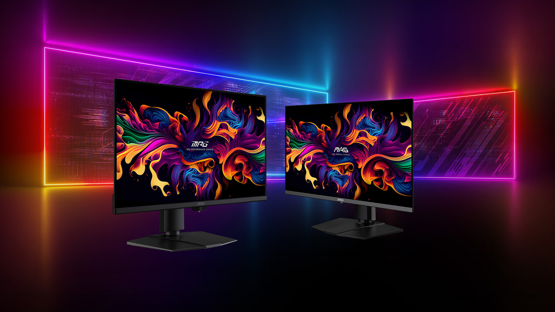 Two MSI gaming monitors displayed side-by-side.