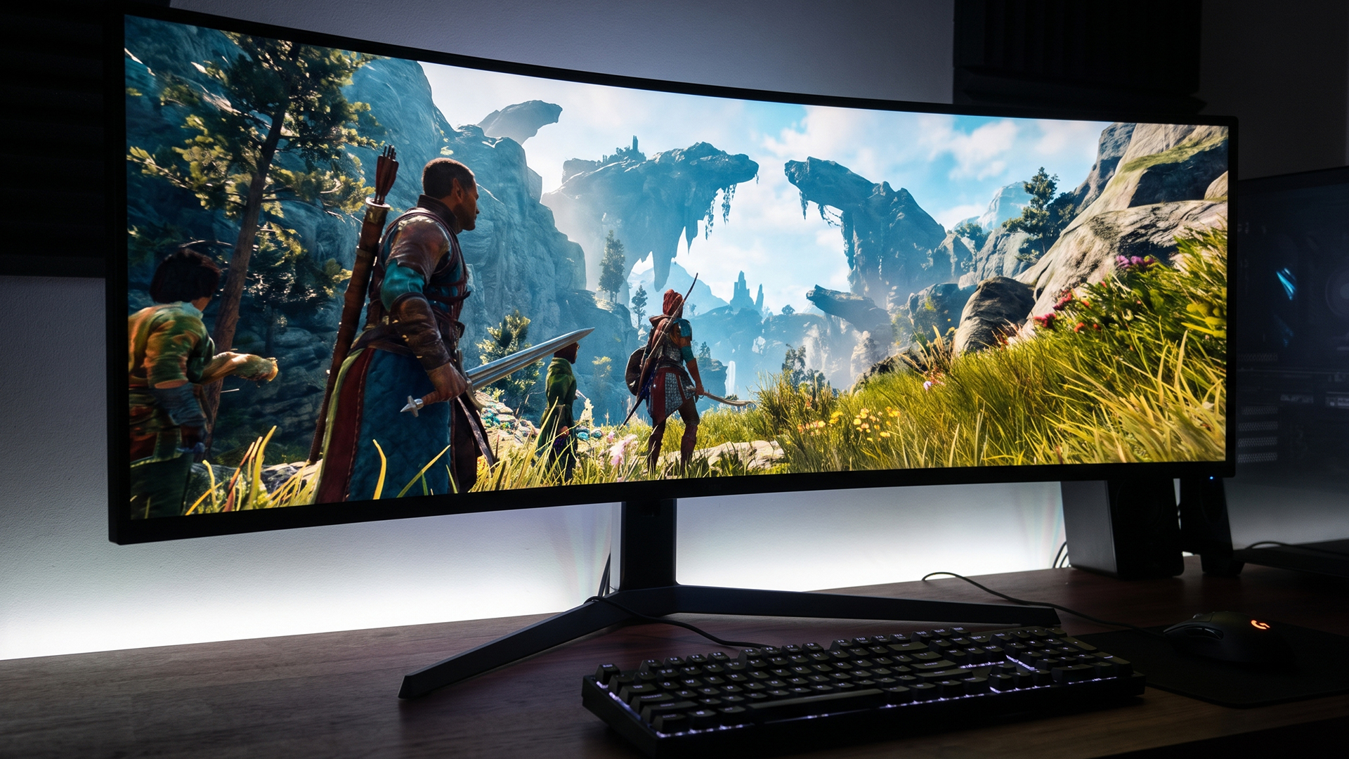 Ultrawide curved gaming monitor showing an RPG game on a dark desk setup.