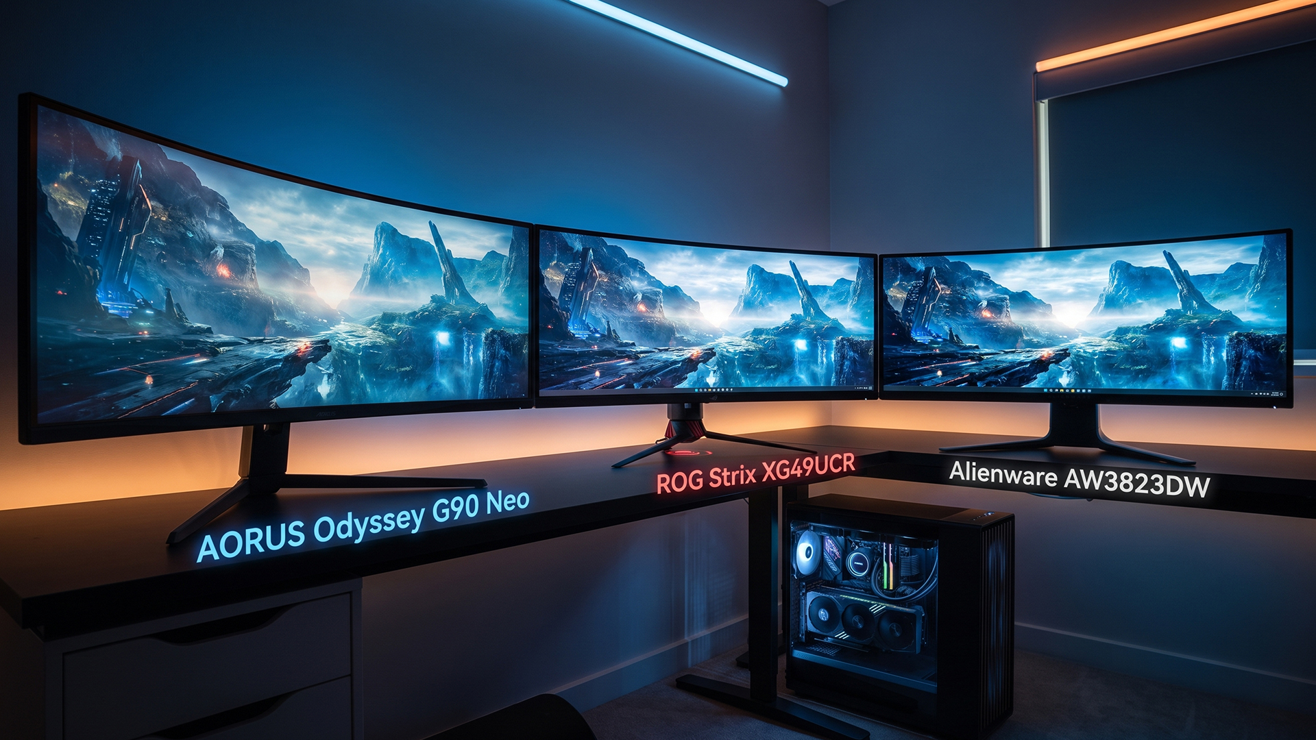 Three curved ultrawide gaming monitors set up on a long desk with LED lighting.