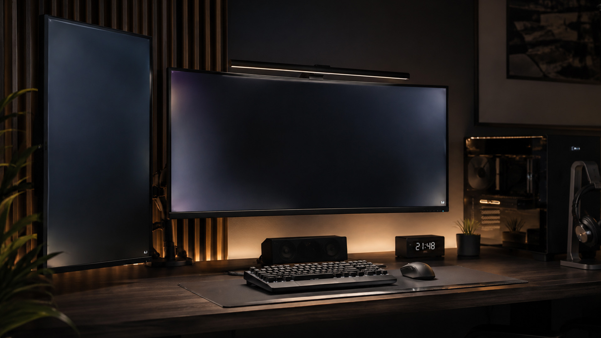 Ultrawide IPS monitor setup with LED bias lighting and a monitor light bar.