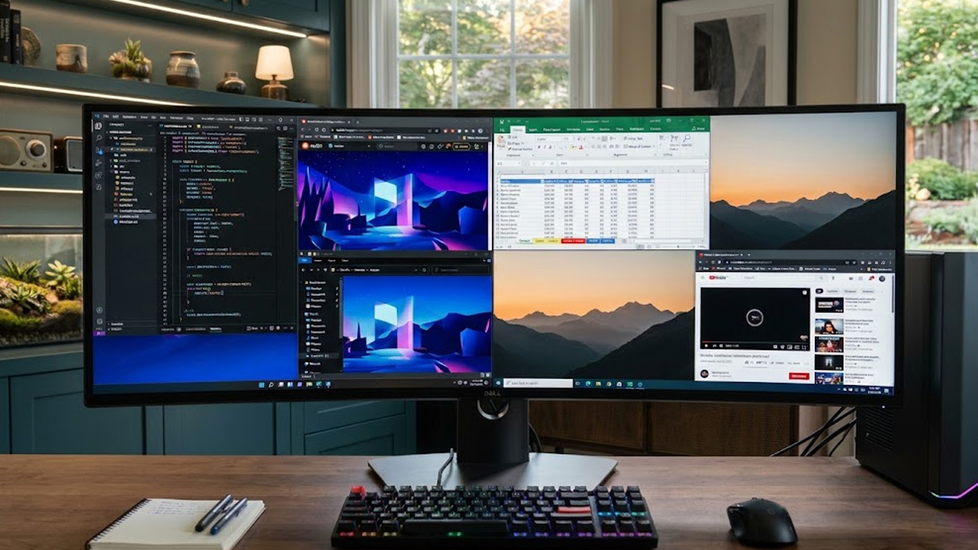 An ultrawide monitor displaying multiple application windows in a split layout on a wooden desk.