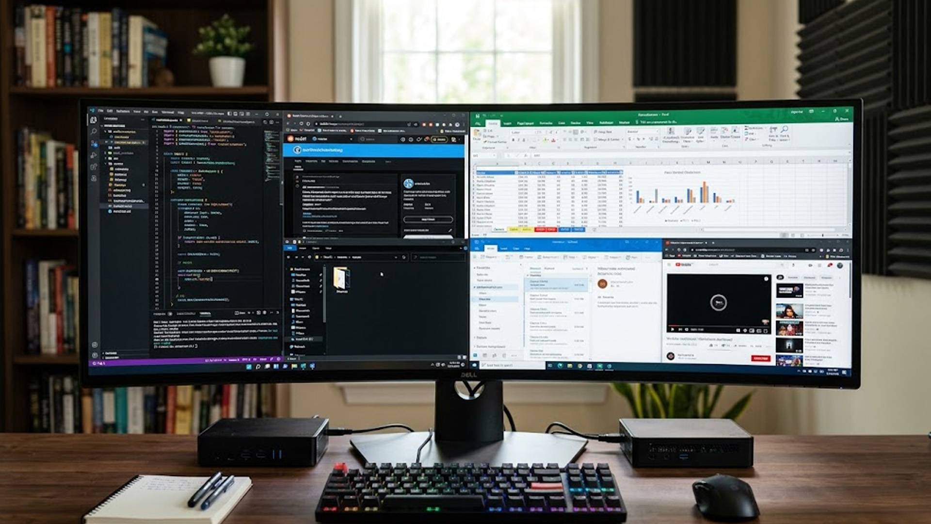 An ultrawide monitor running code and spreadsheet applications simultaneously with dual computer inputs.