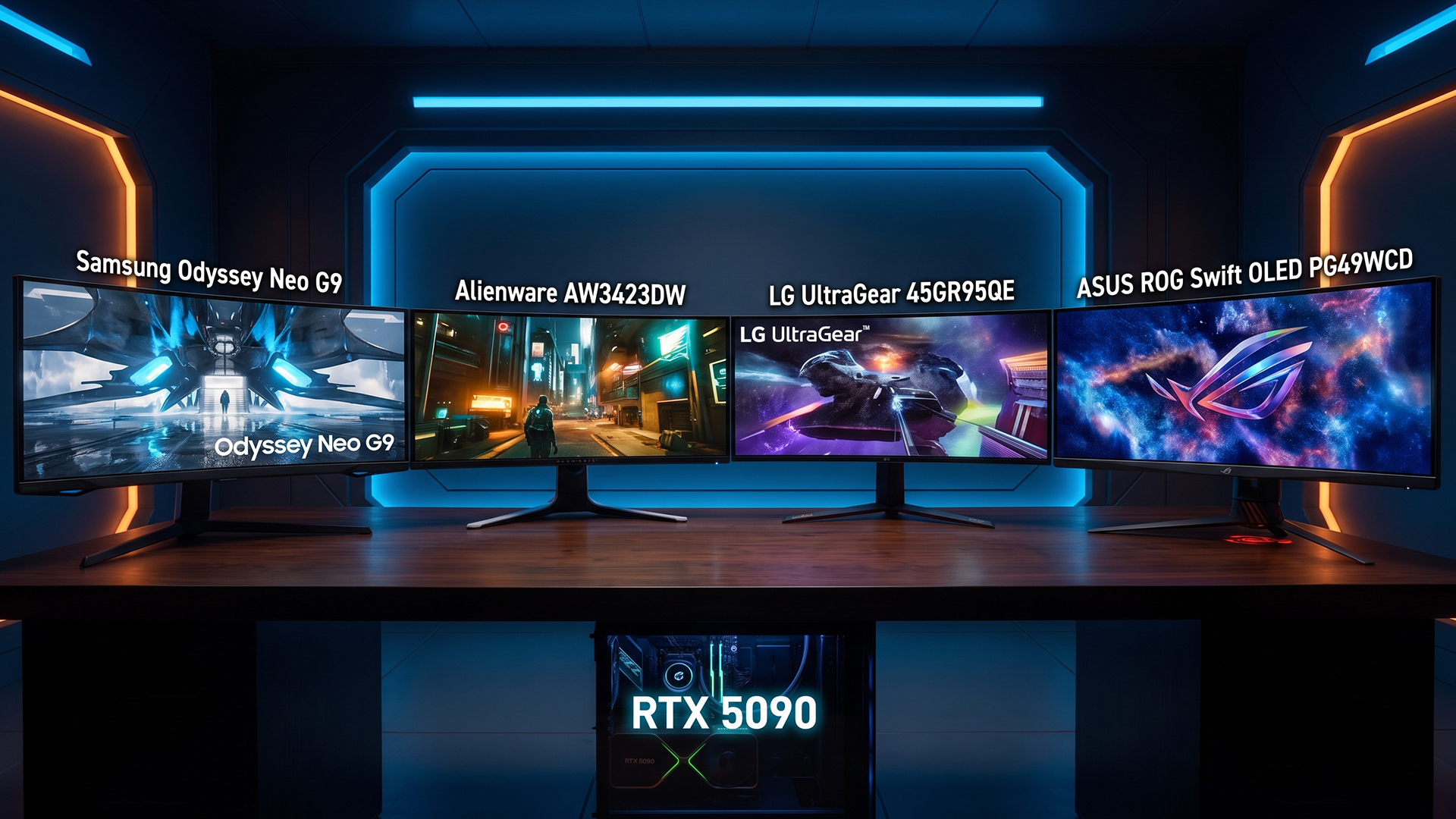 Lineup of four premium ultrawide gaming monitors on a desk with an RTX PC below.