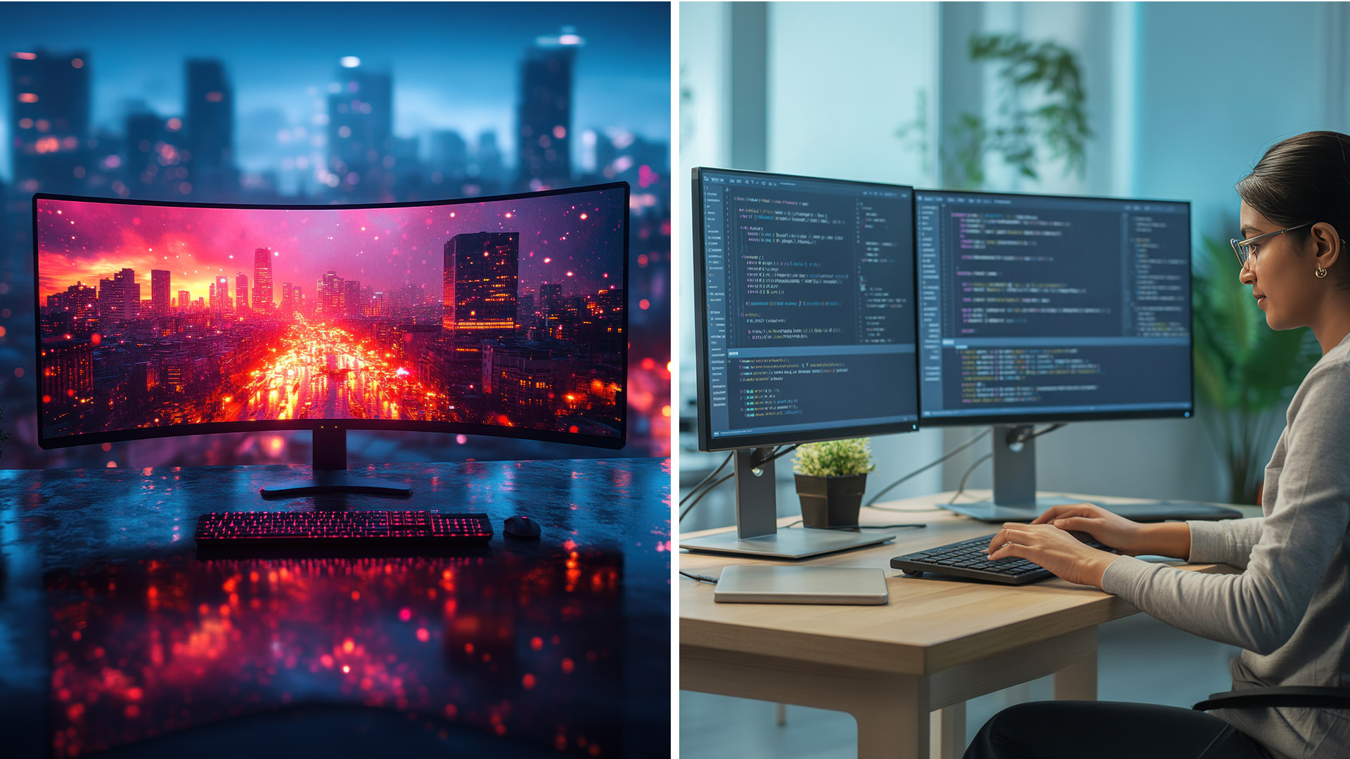 Side-by-side comparison of a curved ultrawide monitor and a dual monitor desk setup.