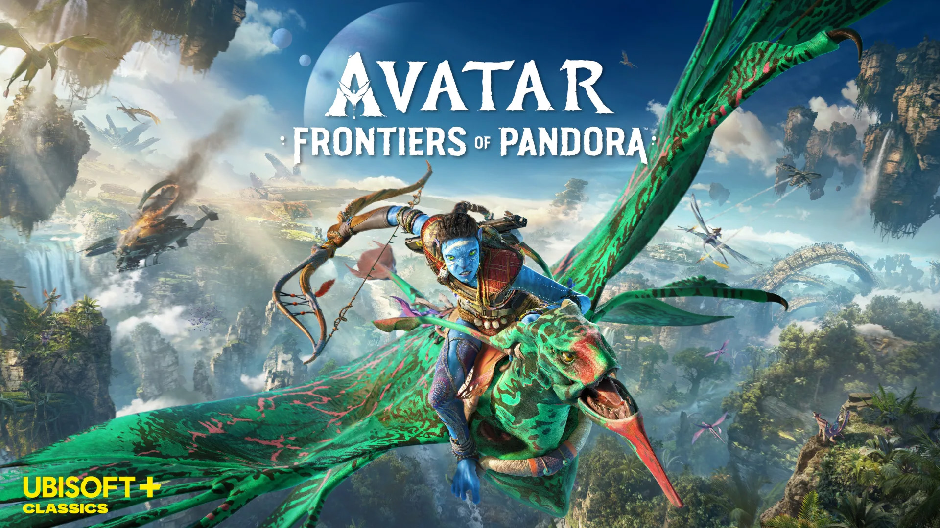 Promotional key art for the game Avatar: Frontiers of Pandora showing a character riding a creature.