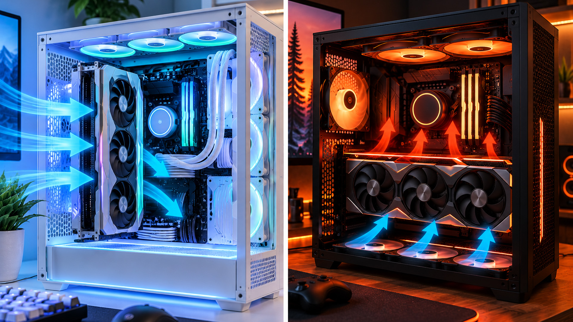 Side-by-side comparison showing airflow patterns in vertical and horizontal GPU mounts.