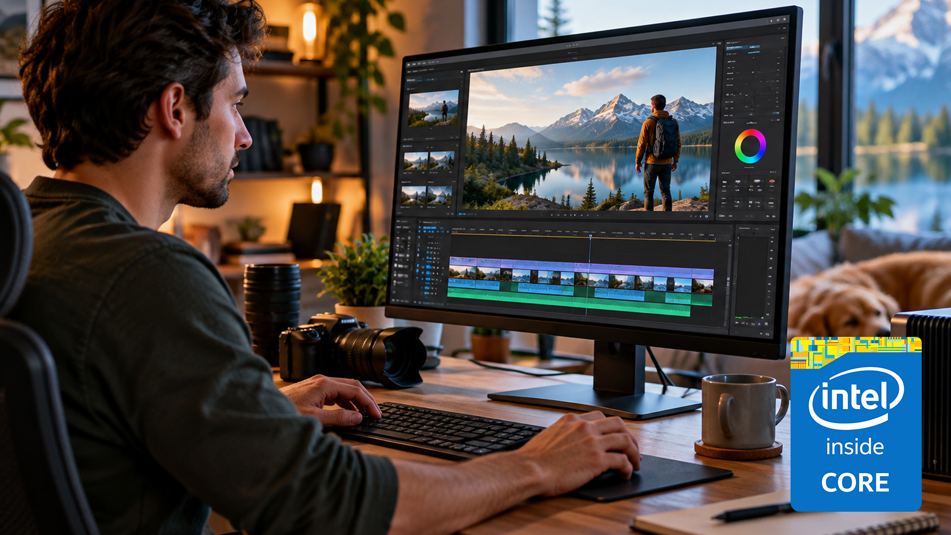 A video editor working on a timeline and color grading interface on a desktop monitor.