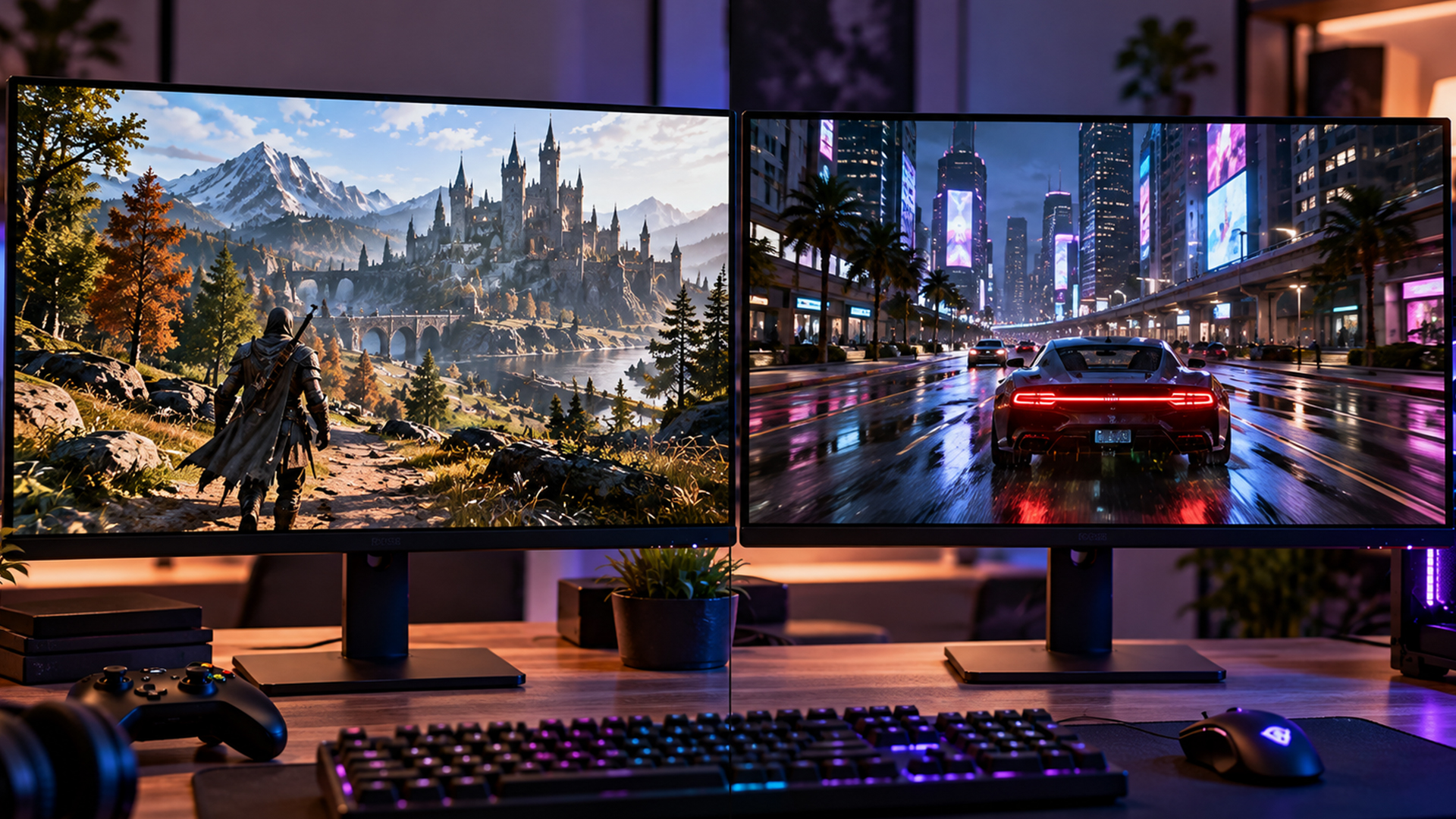 A dual-monitor setup comparing Vulkan and DirectX 12 game rendering performance.