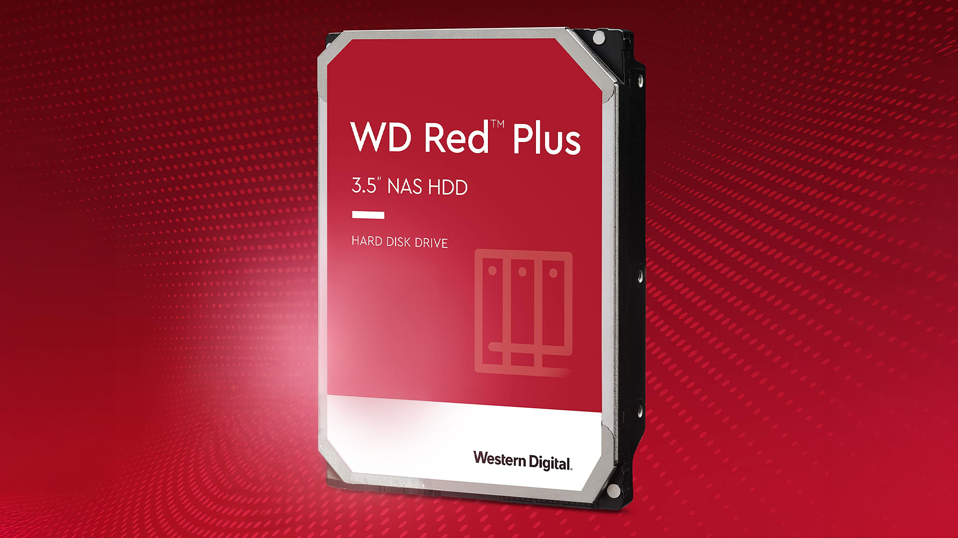 A Western Digital Red Plus internal hard disk drive shown on a red background.