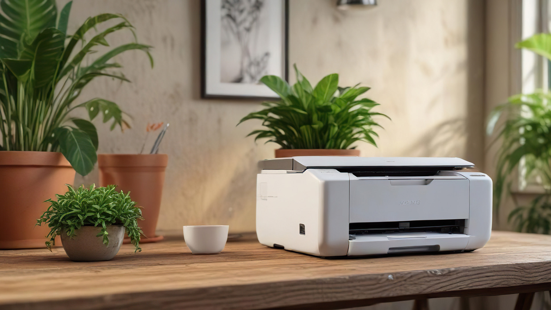 Compact white printer on a wooden desk surrounded by potted indoor plants.