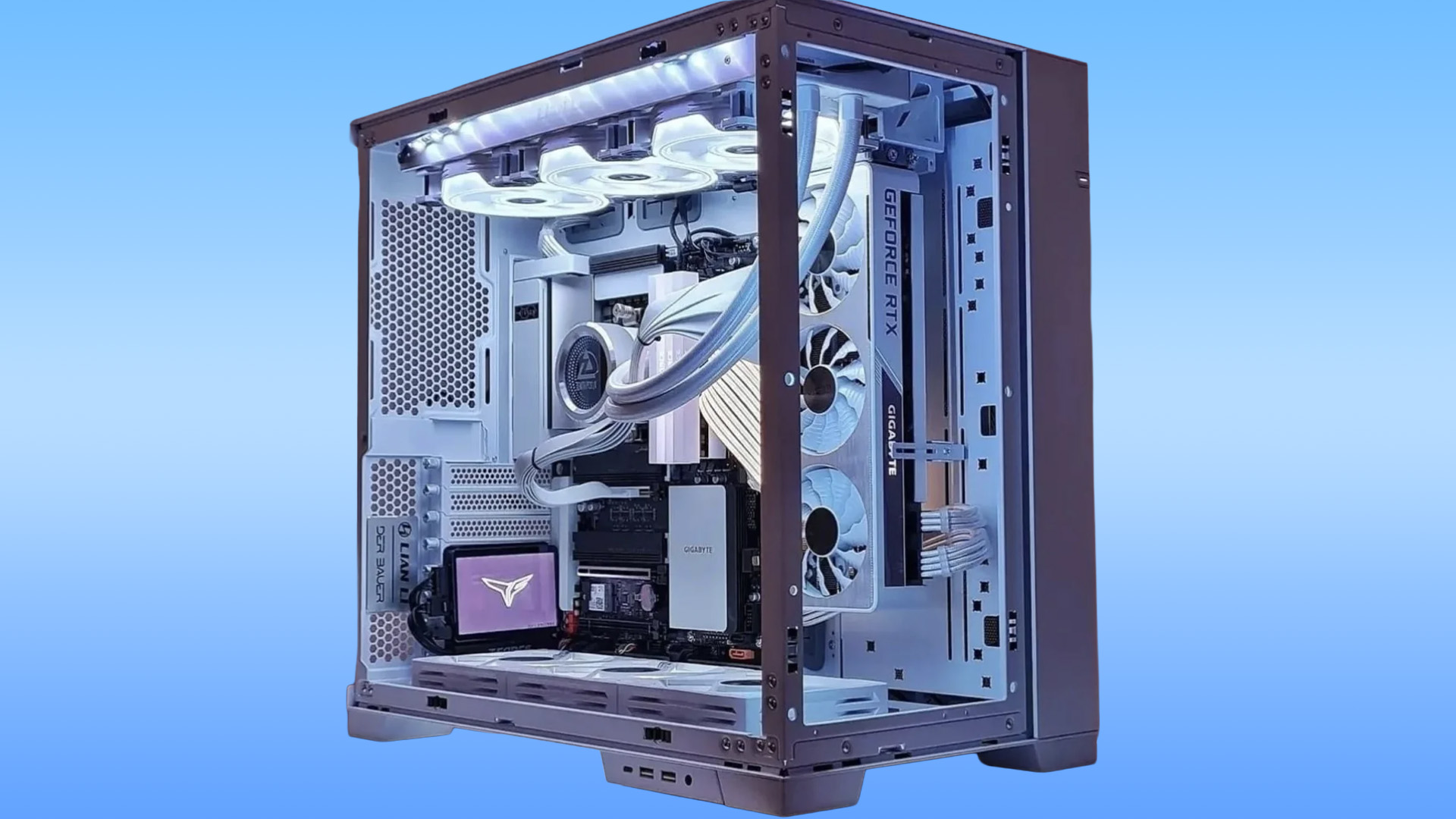 A custom white PC chassis showcasing a vertically mounted GeForce RTX graphics card.