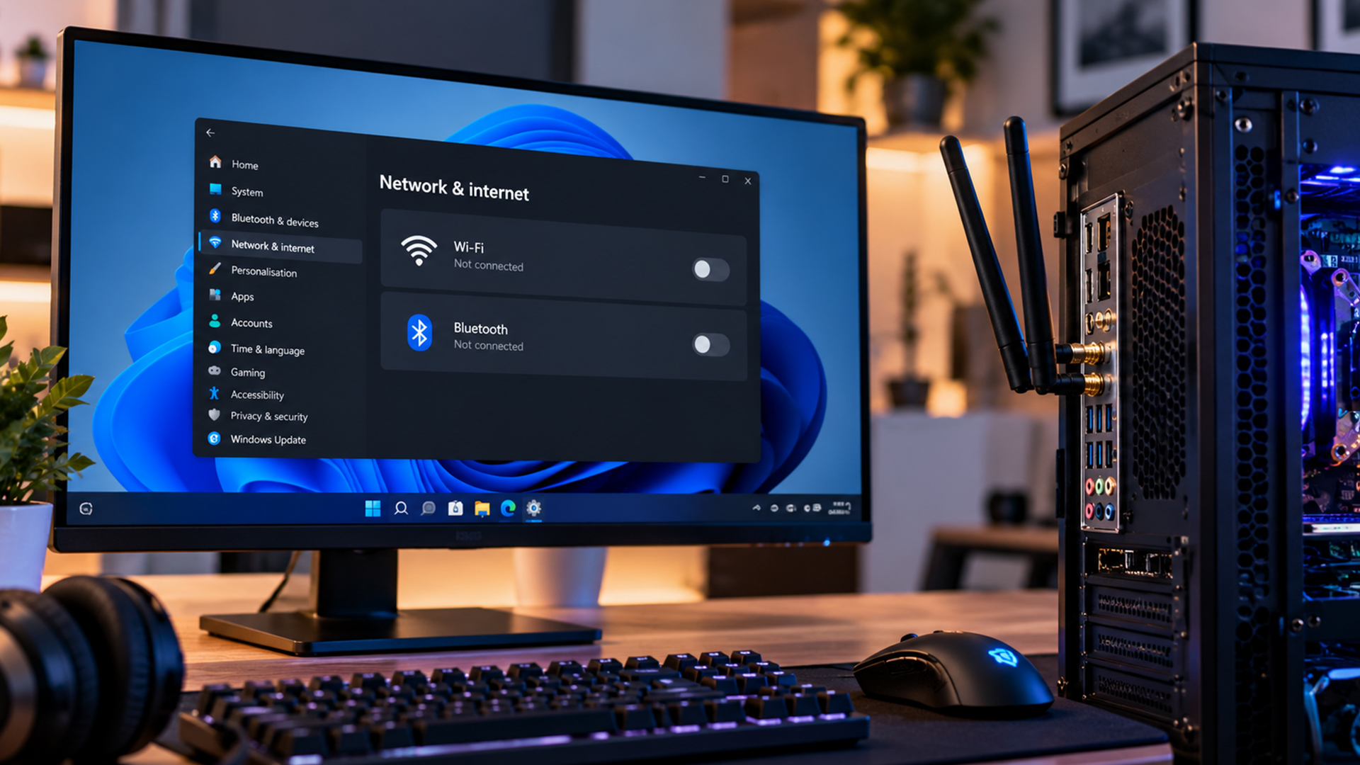 Windows 11 settings menu displaying Wi-Fi and Bluetooth status.