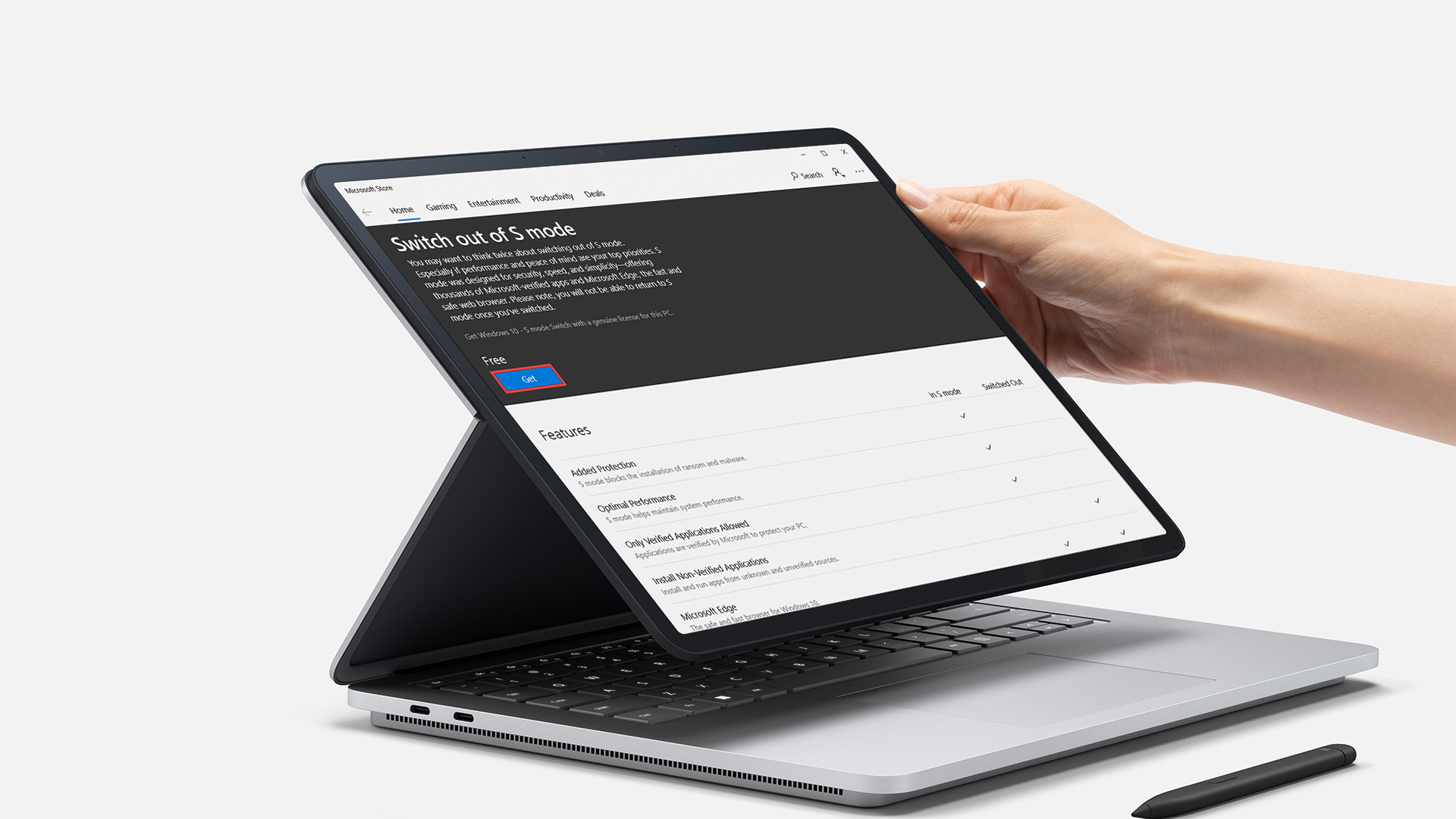 A Surface device showing the Get button for S mode.