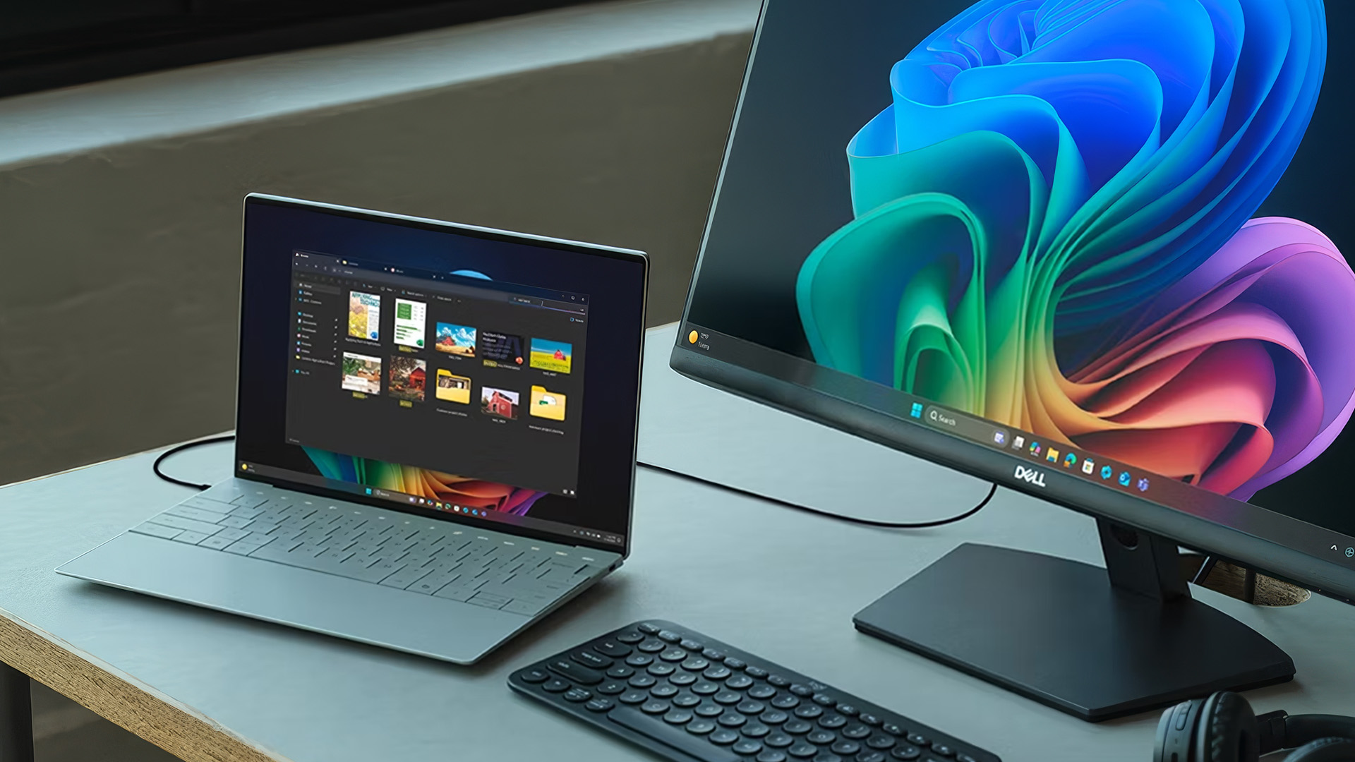 Windows 11 laptop displaying extended desktop screen wirelessly.