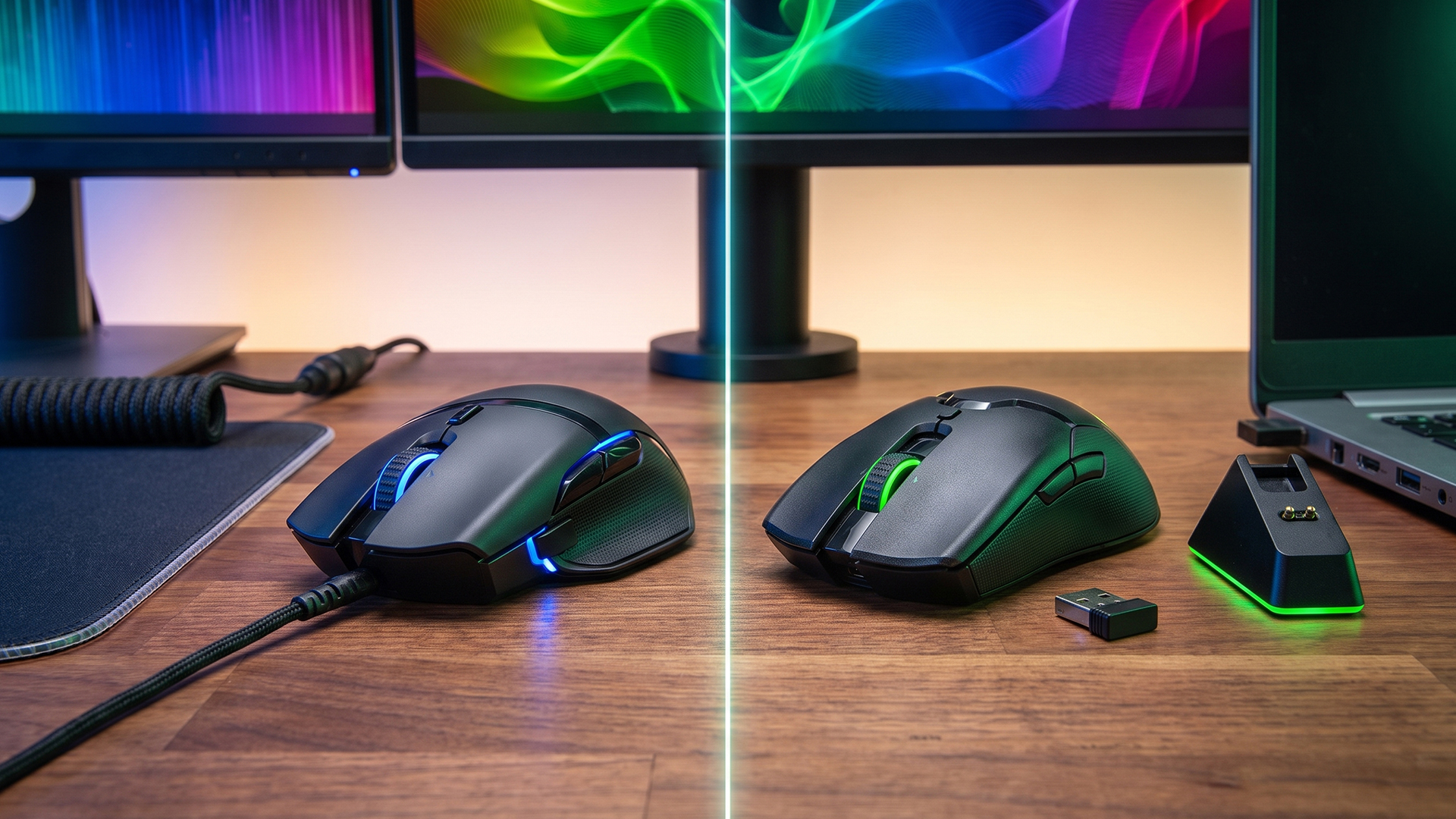 Side-by-side comparison of a wired and wireless RGB gaming mouse on a desk.
