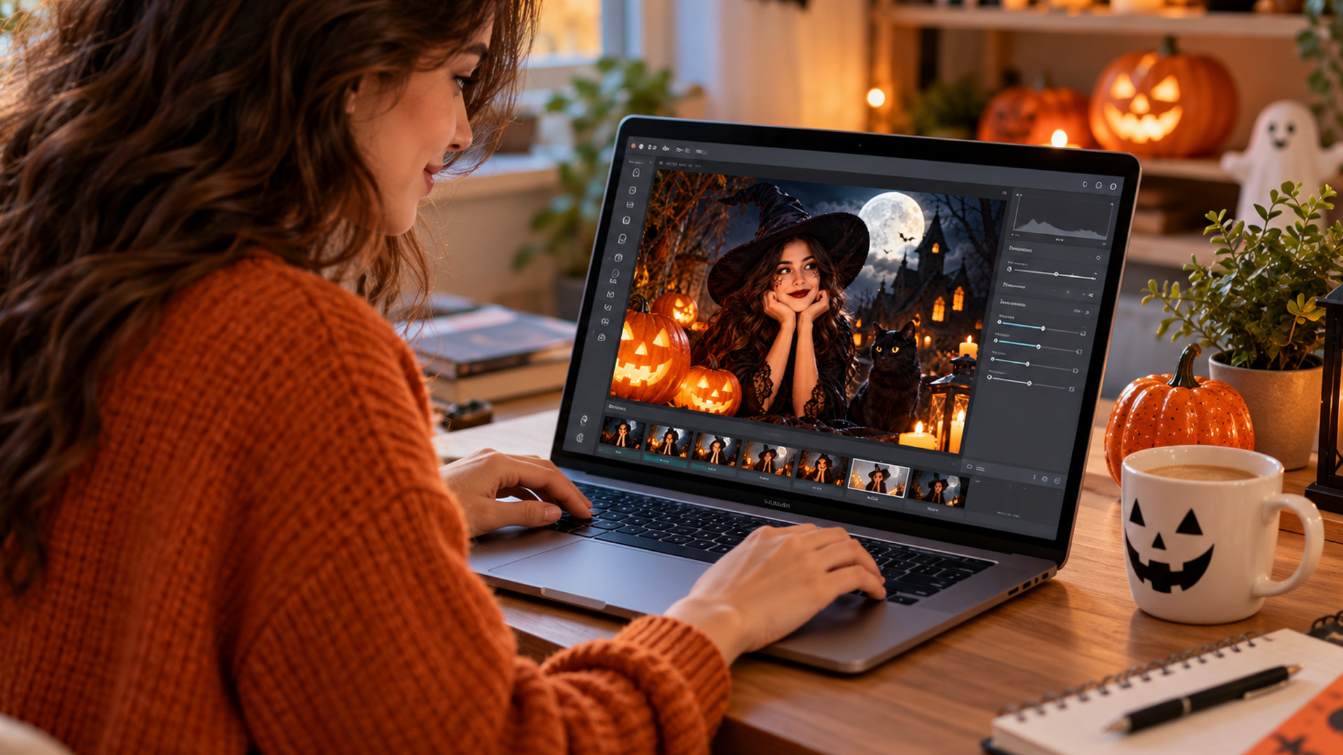 A woman editing Halloween photos on a laptop in a festive room setup.