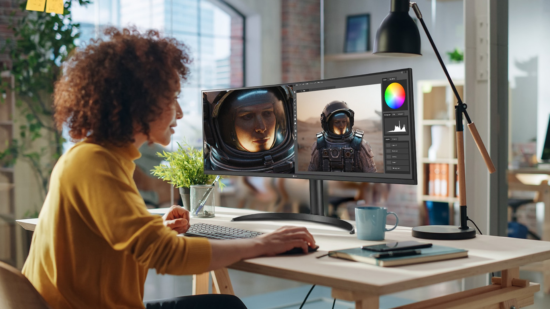 Woman editing photos on an LG ultrawide monitor at her home office desk.