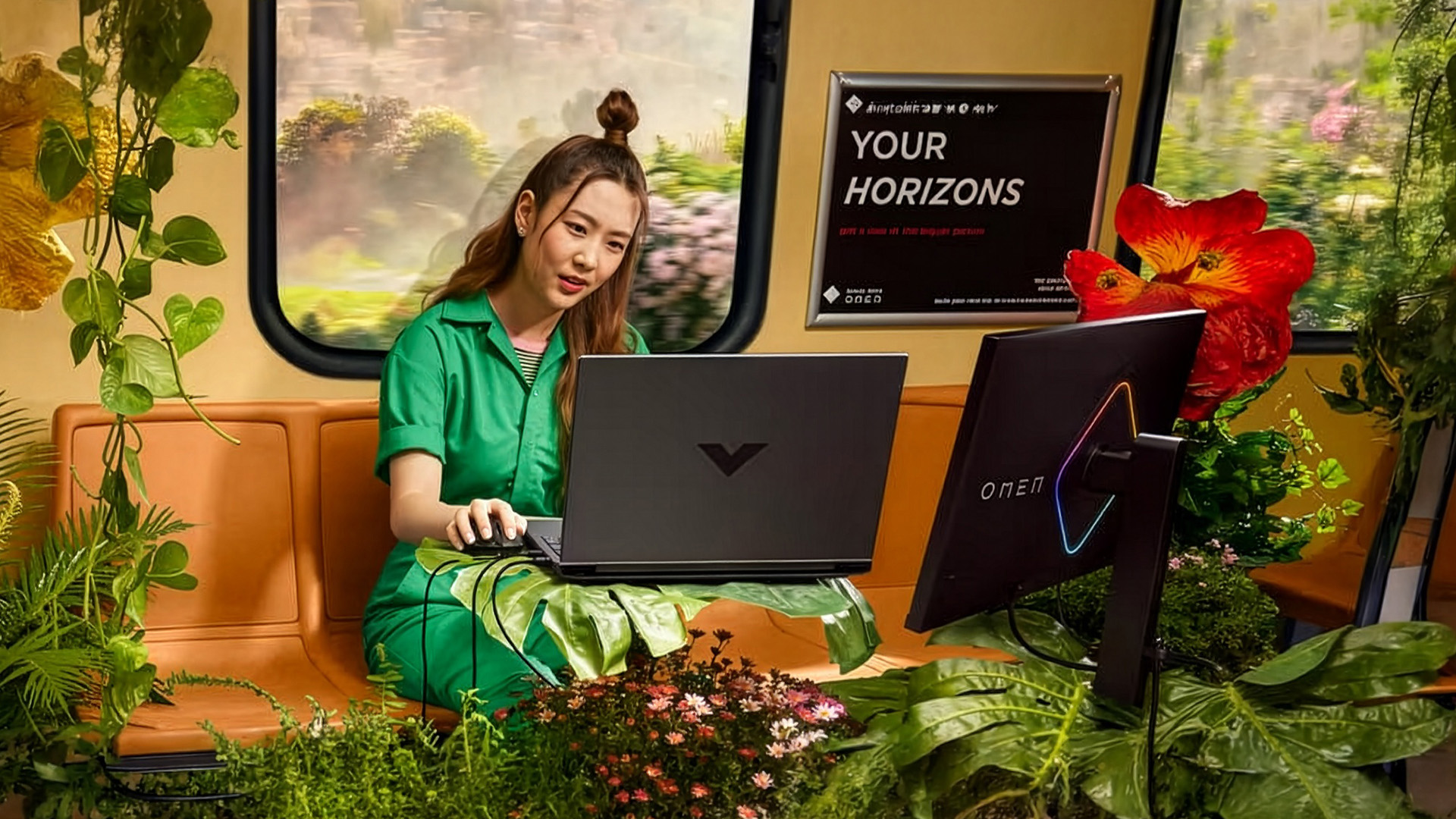 Woman using an HP Victus gaming laptop in a creative office space.
