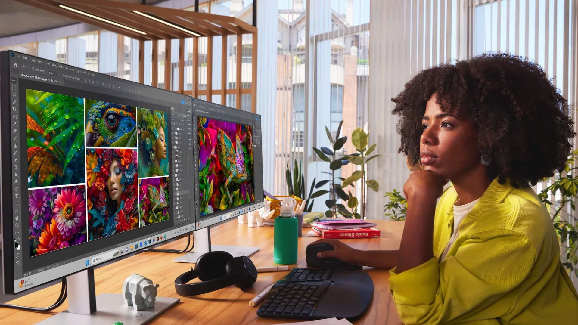 A woman reviewing creative design work on dual computer monitors in a bright office.