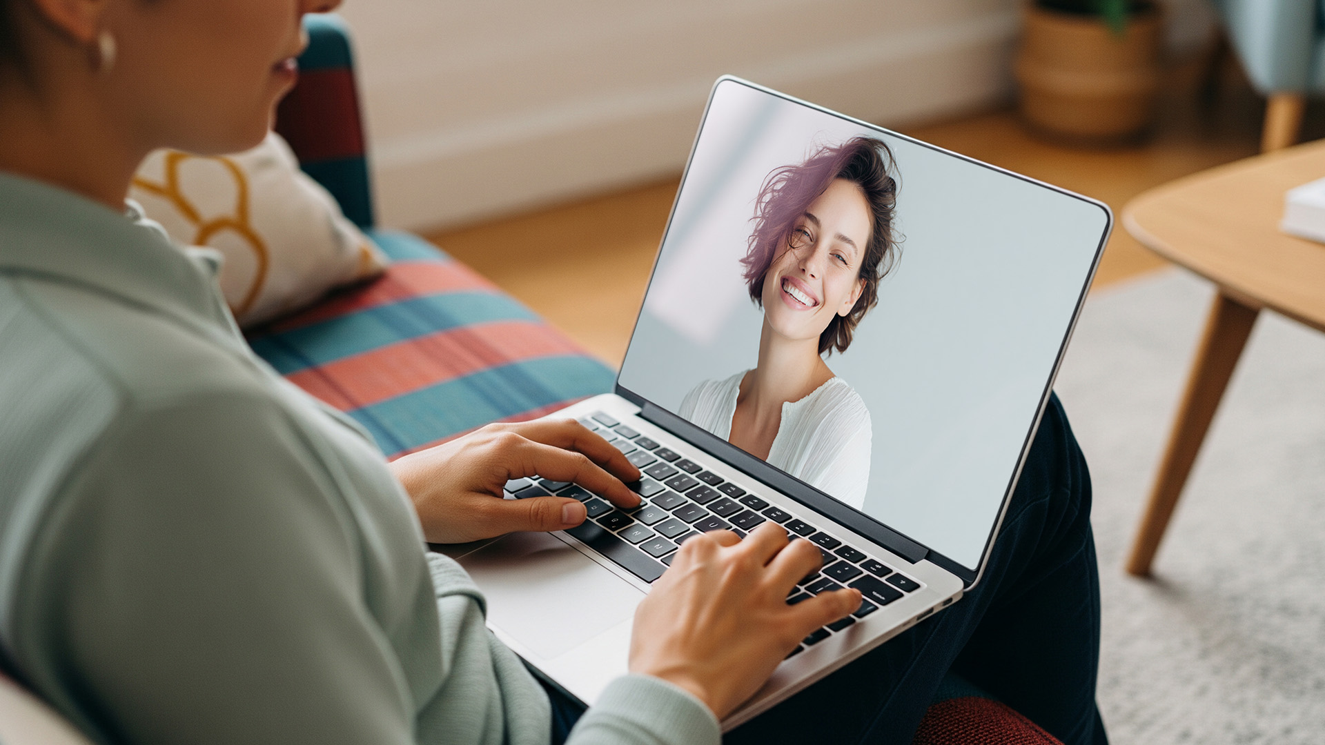 A woman smiling during a one-on-one video chat on her laptop.