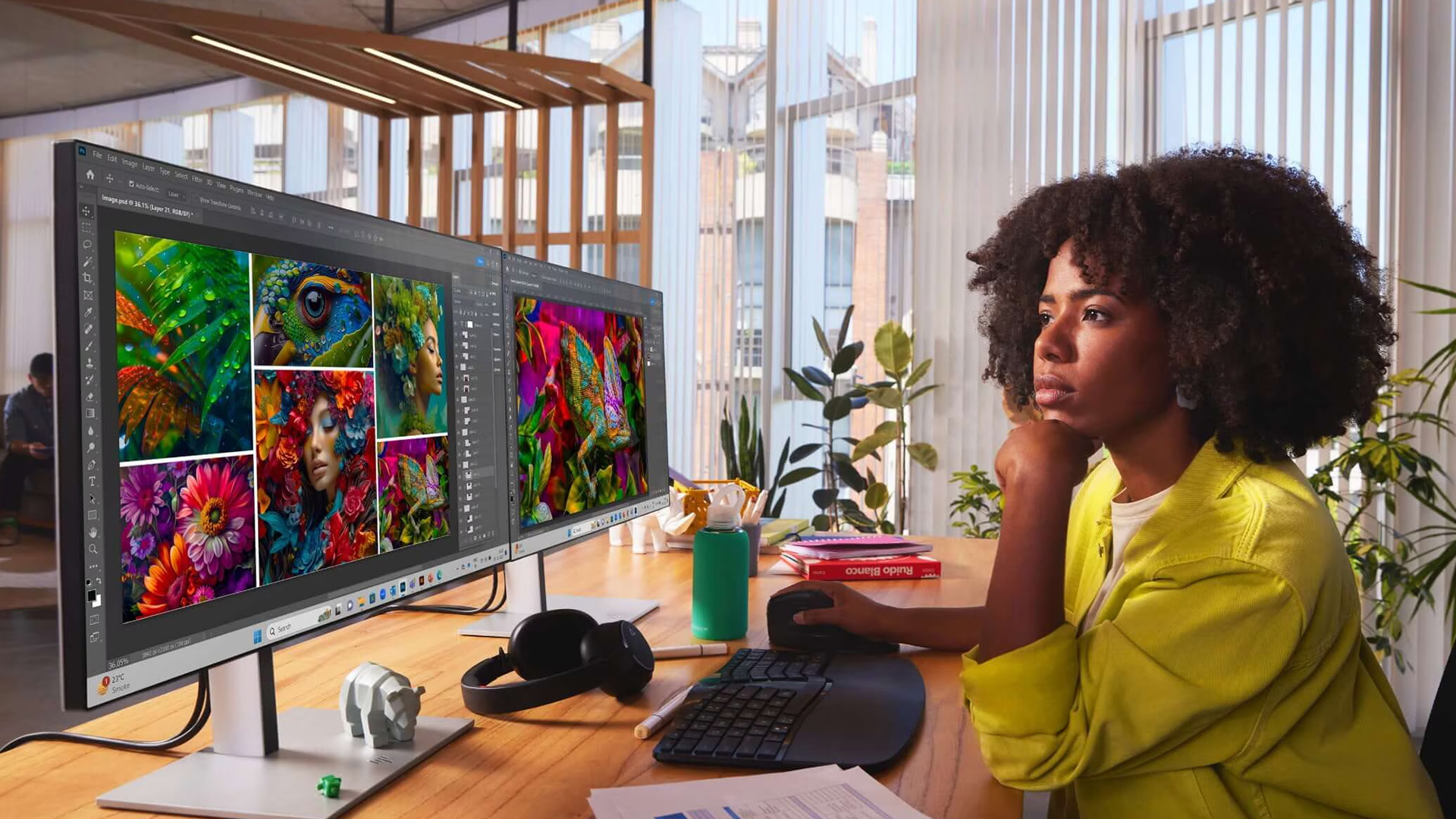 Woman editing vibrant photos on dual HP monitors at a bright desk.