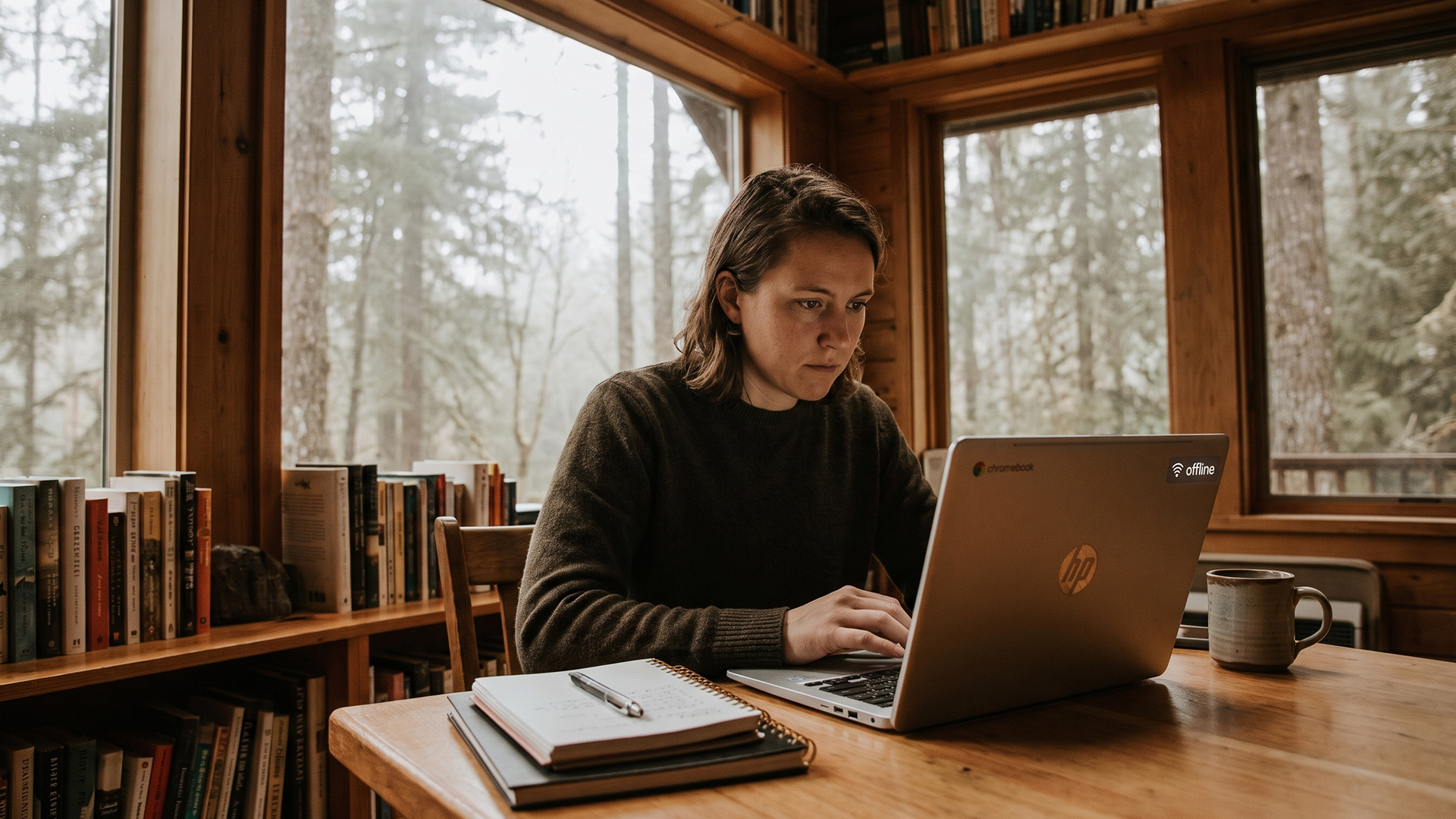 Woman working offline on an HP Chromebook at a desk with forest views.