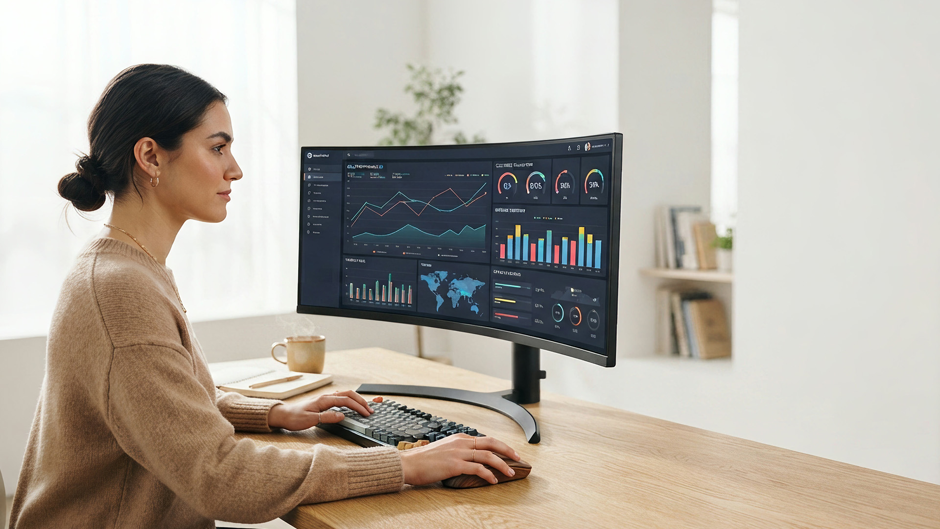 A woman working on spreadsheets and charts using a curved monitor.