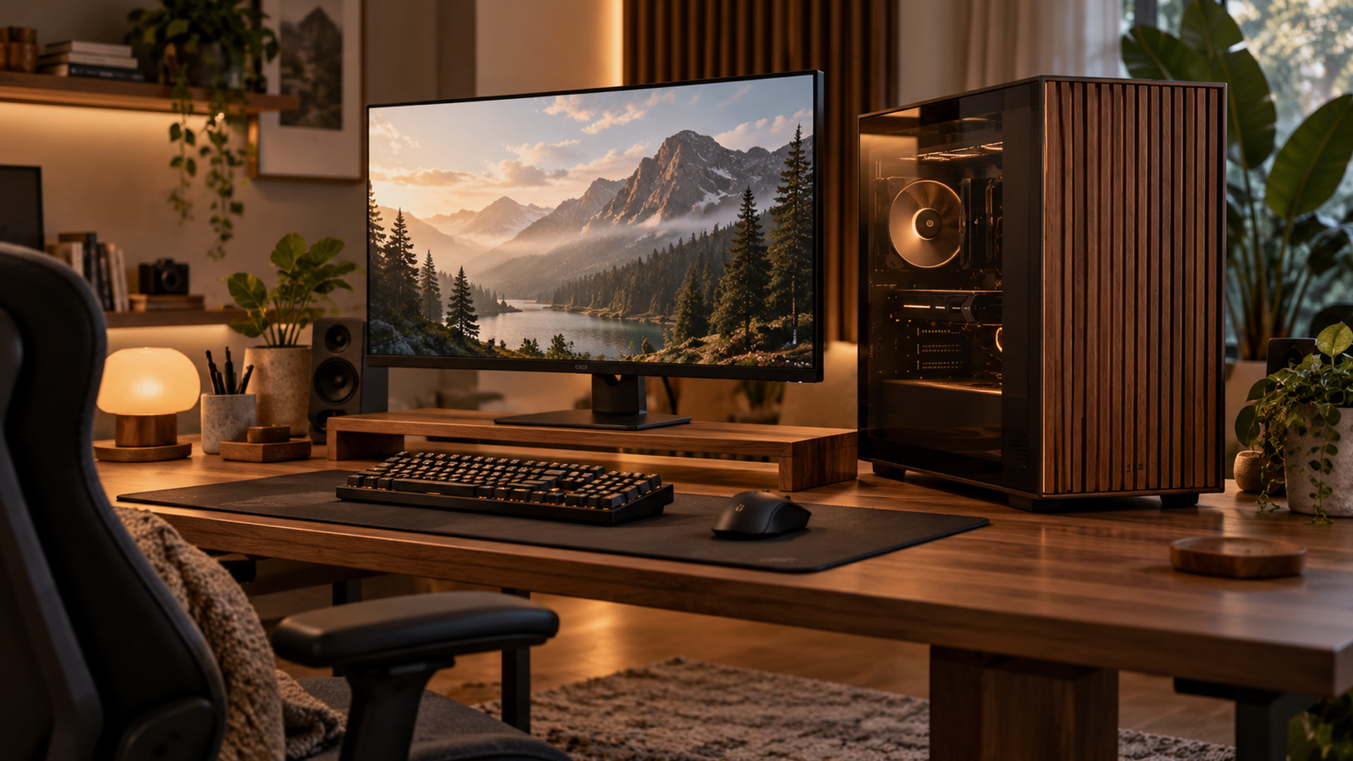 A wood-front PC case placed on a large wooden desk in a warmly lit room.