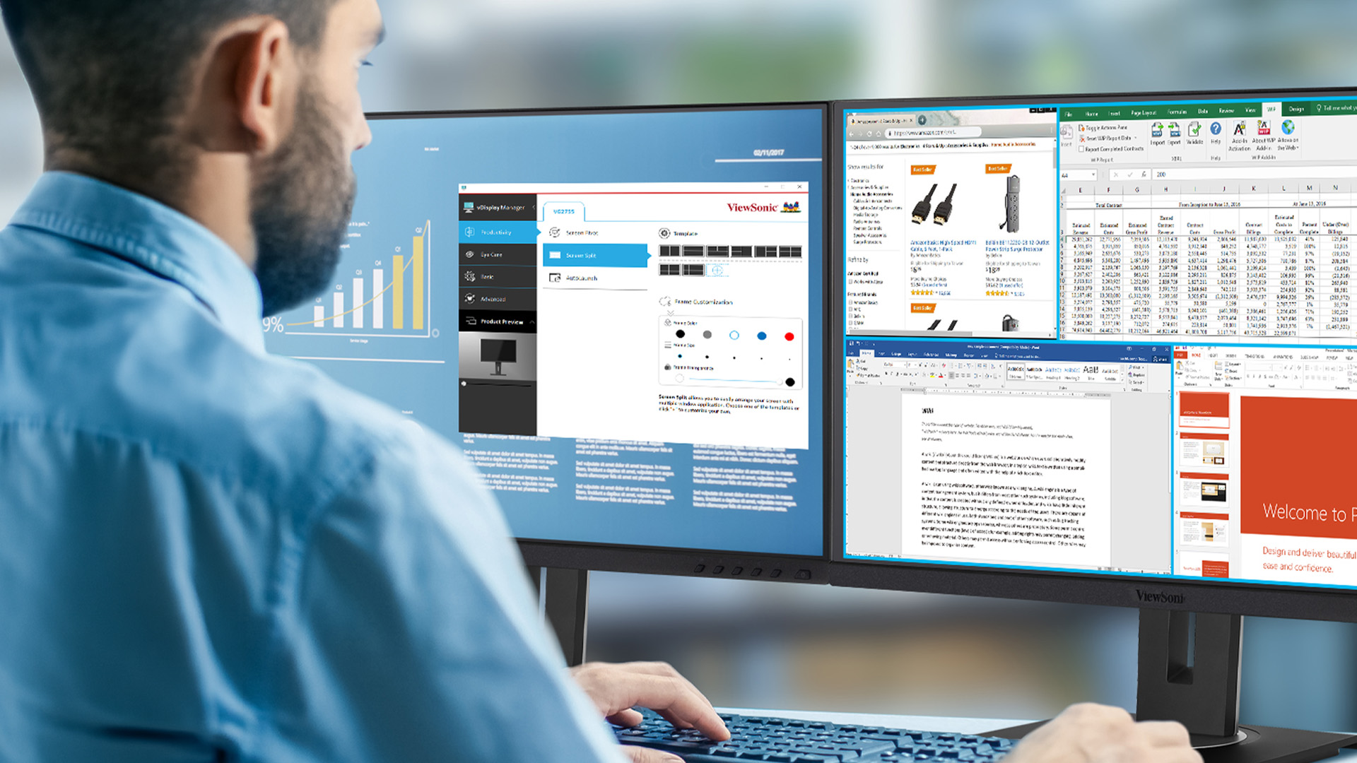 A worker managing settings and window splits across dual ViewSonic monitors in an office.