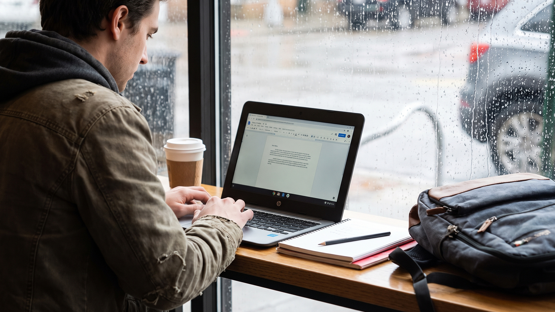 Student working offline on an HP Chromebook at a rainy cafe window.