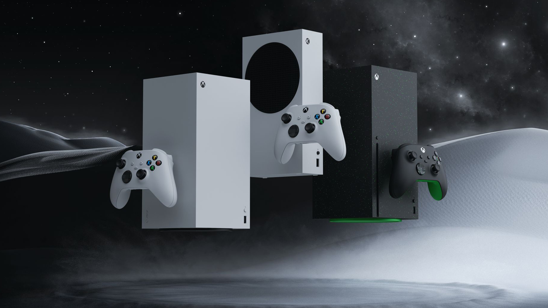 Lineup of Xbox Series consoles including the Series S and Series X models with controllers.